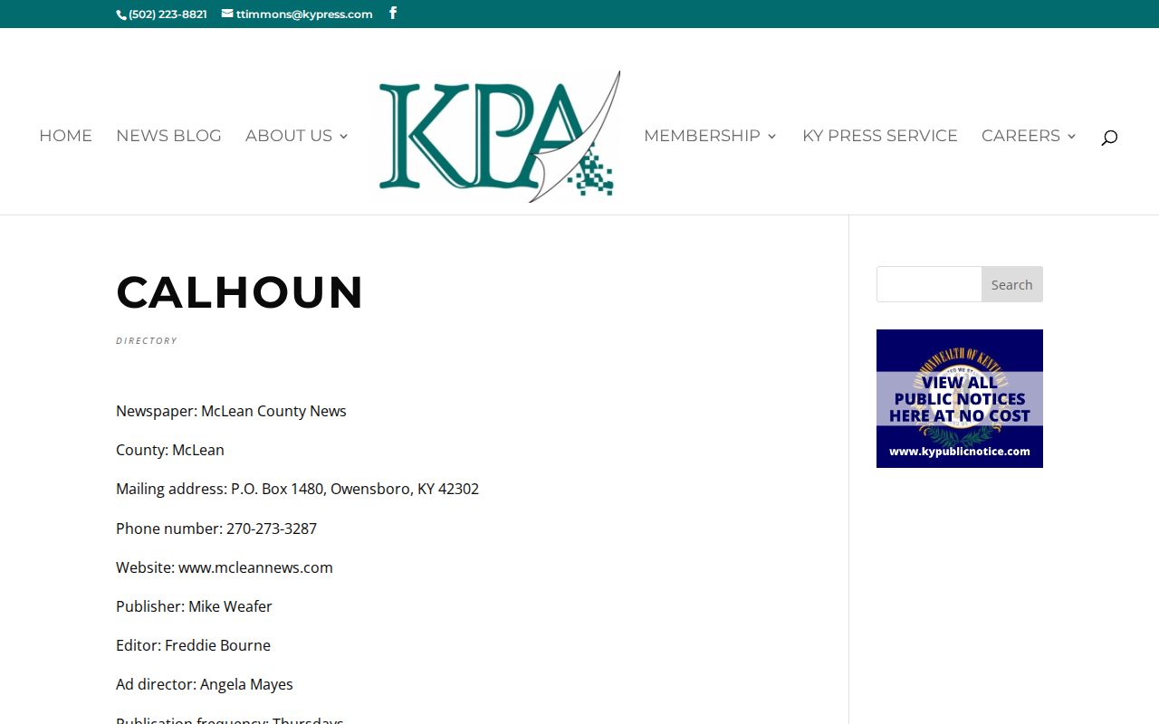 Kentucky Press Association listing for McLean County News