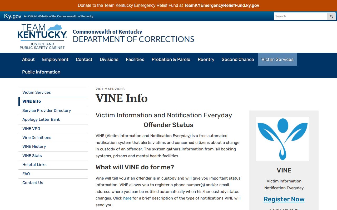 Kentucky Department of Corrections VINE custody notification information